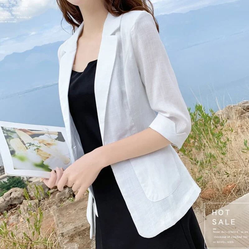 Plus Size Cotton Tops Cotton and linen Blazers 2020 Fashion Single-button Coats Fashion 3/4 Sleeve Outerwear Female Jackets 5XL