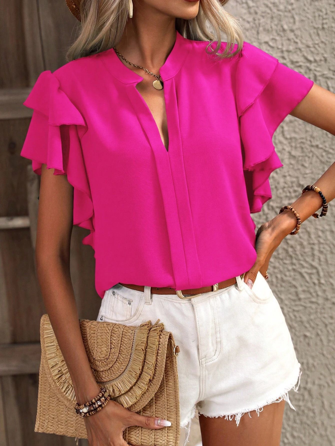 Newlytor Royal Blue Elegant Pullover Blouse 2025 Women's Summer New V-neck Casual Double Layered Ruffle Sleeves Solid Color Shirt Top