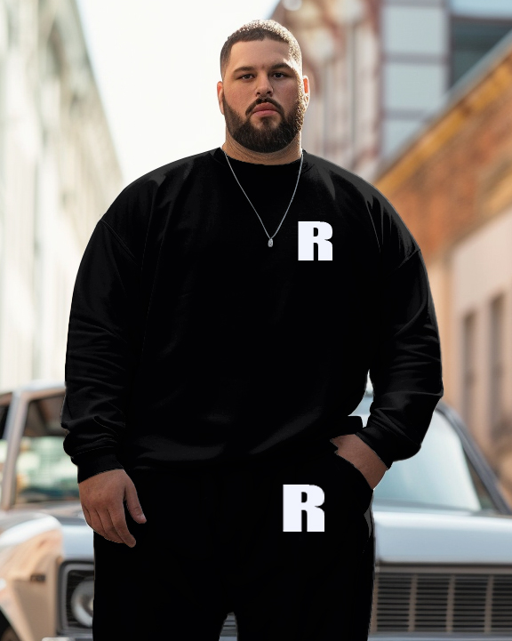 Men's Plus Size All-Match Simple Black Letter Print Sweatshirt Two-Piece Set