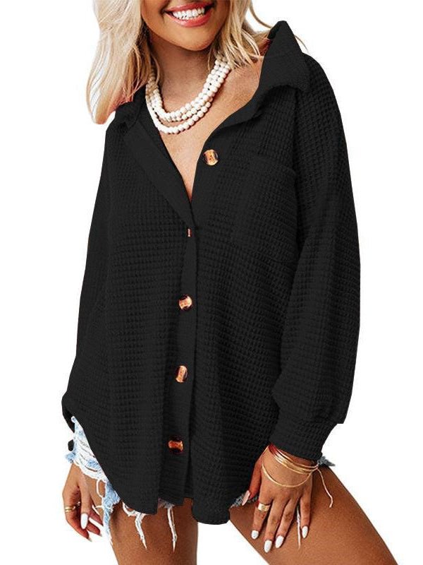 Women Long Sleeve Shirt Collar Soild Pockets Button Knit Cardigan Tops