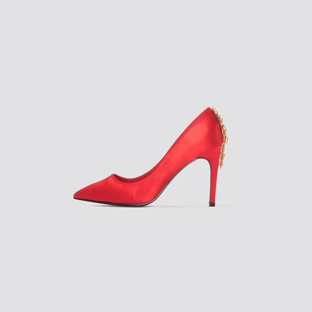 Red Satin Crystal Embellished Stiletto Heels Pumps |FSJ Shoes