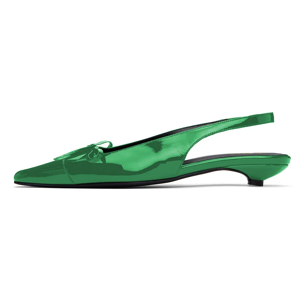 YDN Green Pointed Toe Bow Decor Slingback Flat Shoes for Women