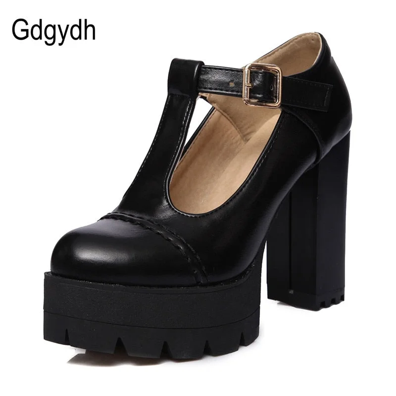 Gdgydh Fashion Women Pumps Round Toe T-starp Buckle Female Single Shoes Thick Heels Platform Women Shoes Russian Plus Size 43