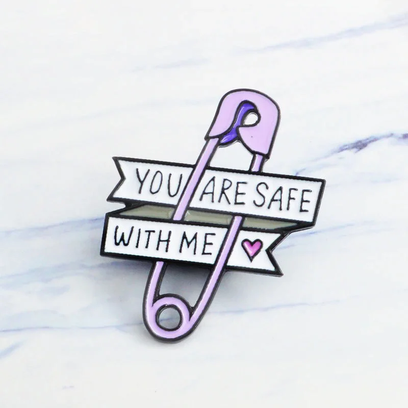 Purple "You Are Safe With Me" Enamel Safety Pin Brooch Pins