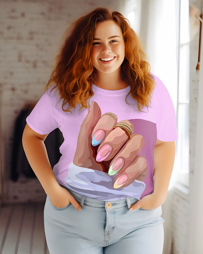 Women's Plus Size Beautiful Nail Prints Round Neck Short Sleeve T-Shirt