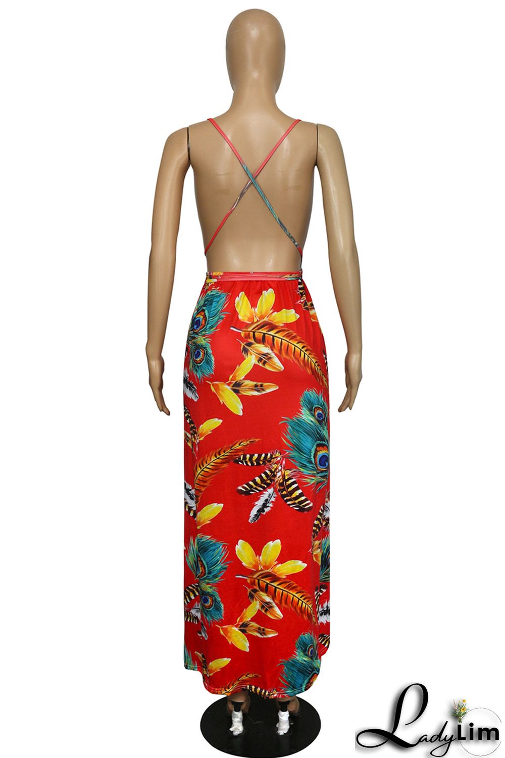 Black Fashion Sexy Plus Size Print Bandage Backless Slit Spaghetti Strap Long Dress