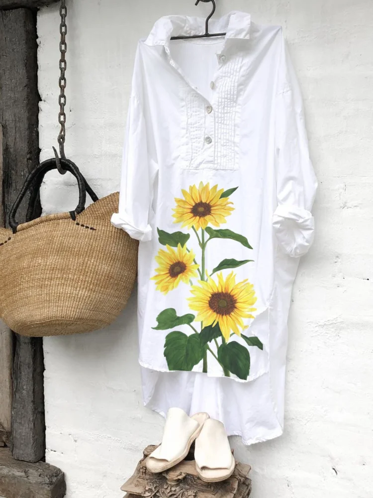 Sunflower print casual loose long shirt
