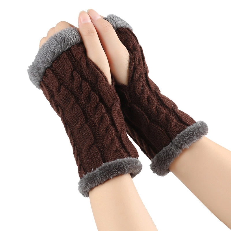 New Autumn And Winter Fleece-lined Wool Gloves Twist Knitted Finger Leakage Plush Oversleeve Warm Thickened Wool Gloves