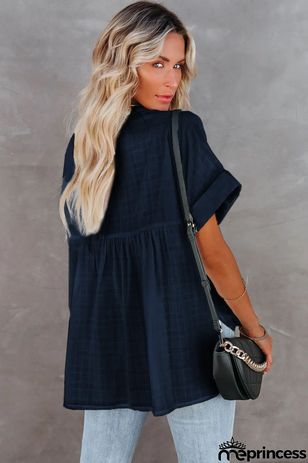 Navy Plaid Print Loose V Neck Short Sleeve Shirt with Slits