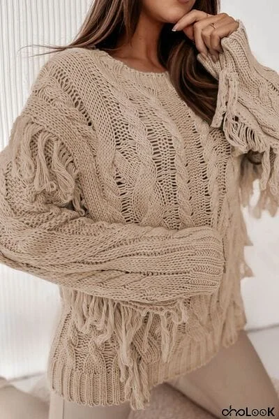 Cable-Knit Fringe Round Neck Sweater