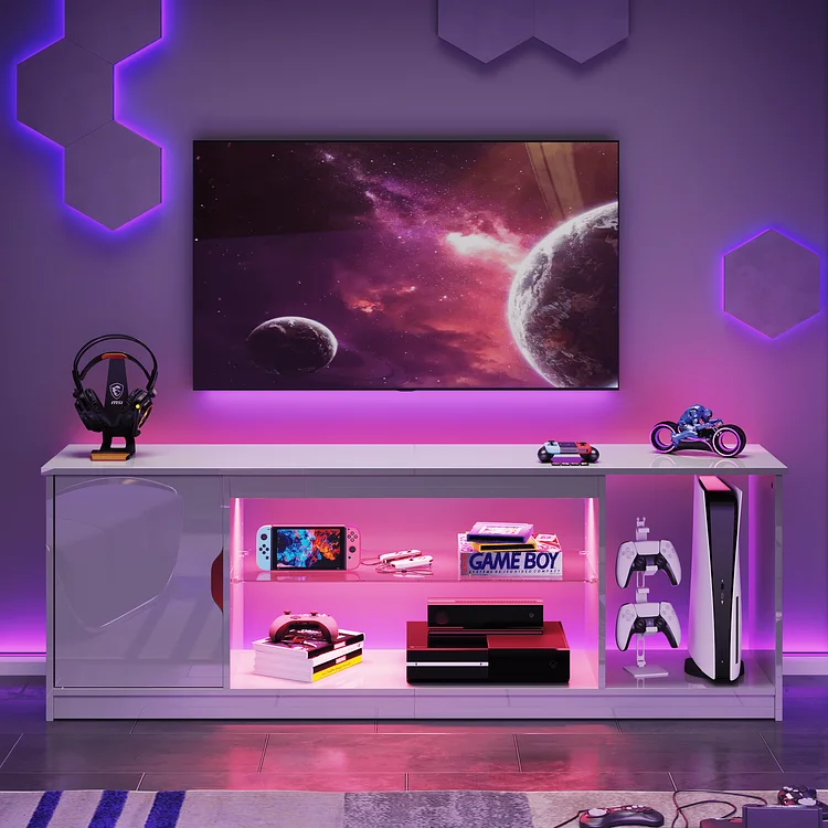 Bestier Led Entertainment Center for PS5, Gaming TV Stand with Cabinet for 60/65 Inch TV, Modern TV Console with Adjustable Glass Shelf for Living Room Easy Assembly 