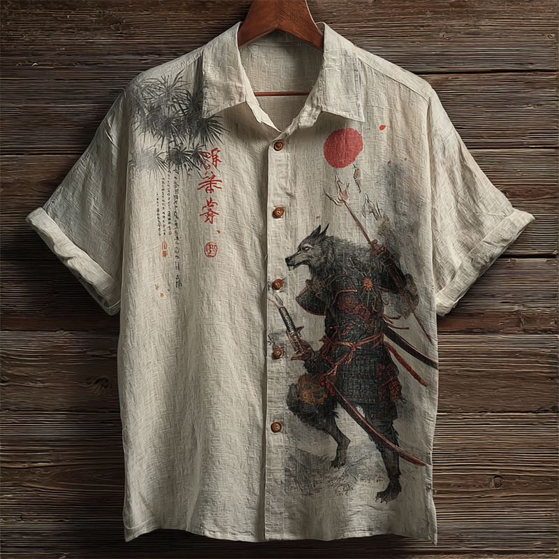 Japanese Wolf Samurai Bamboo Forest Linen Shirt  artssus