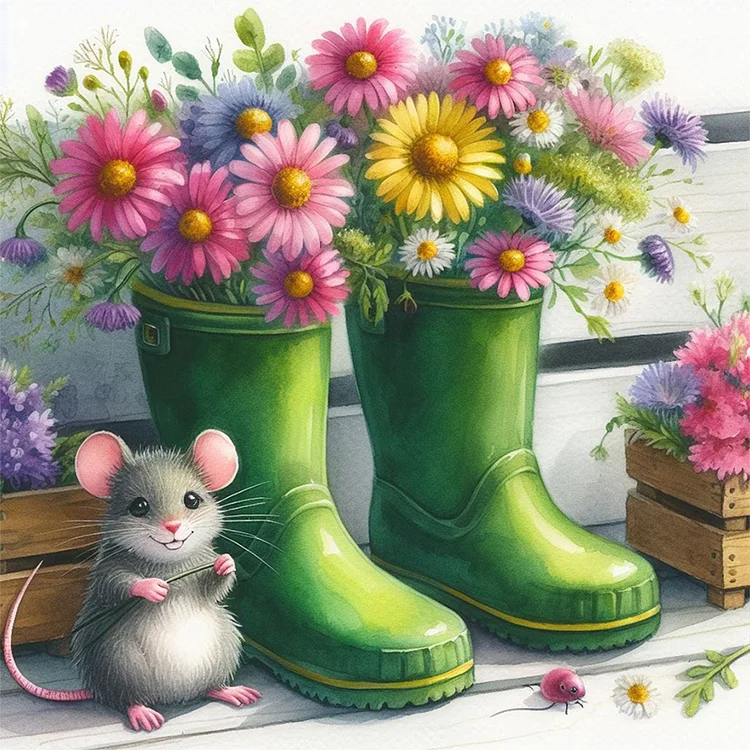 Little Mouse And Flowers In Boots 30*30CM (Canvas) Full Round Drill Diamond Painting gbfke