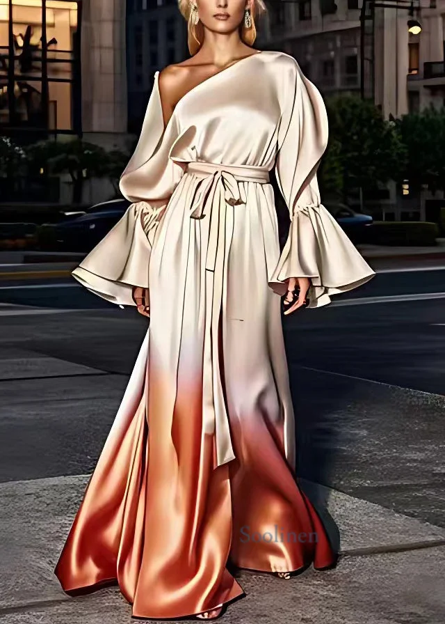 Pre sale - shipping in 30 days/Italian Champagne Asymmetrical Patchwork Silk Long Dress Long Sleeve