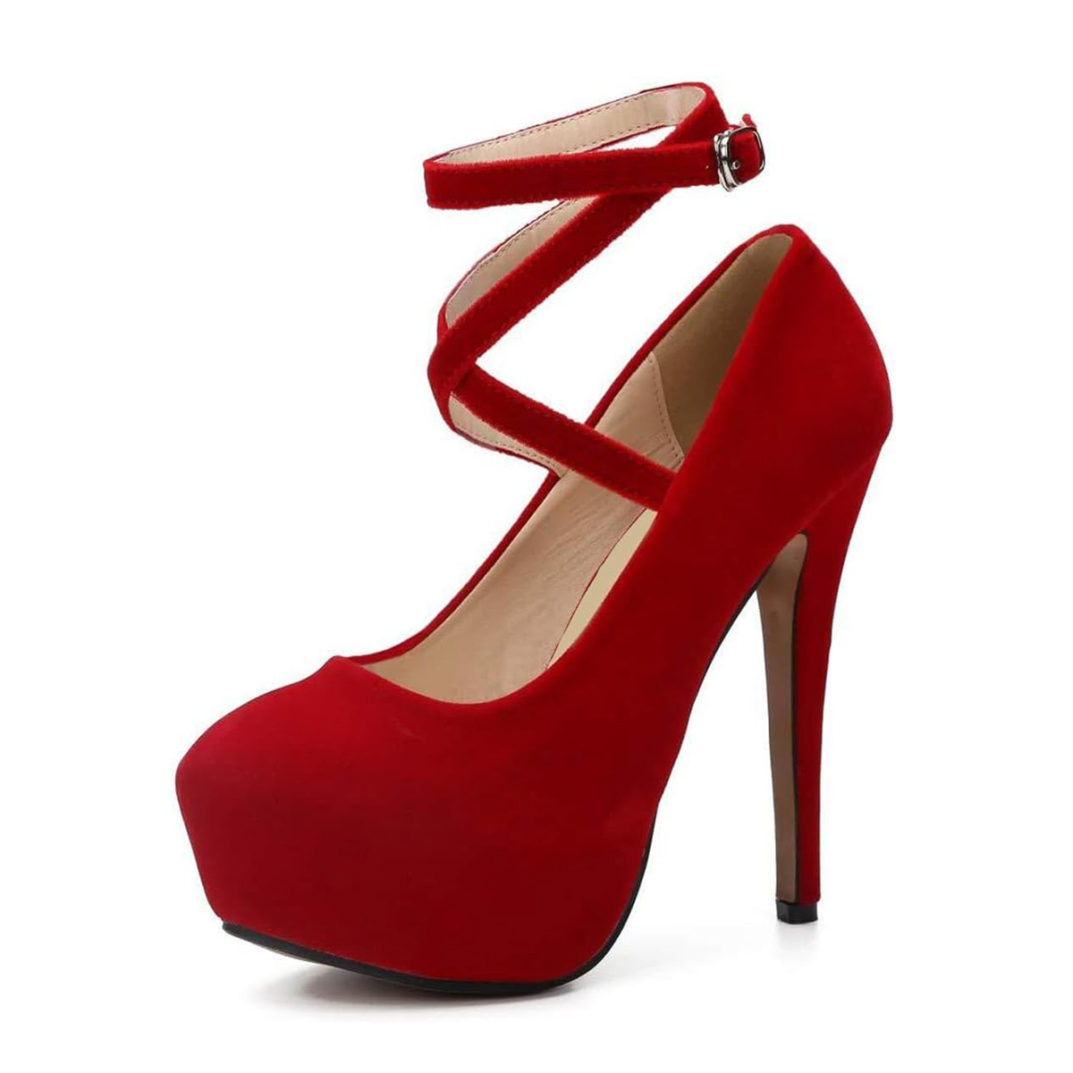 Elegant Red Velvet Round Toe Cross Strap Platform Pumps