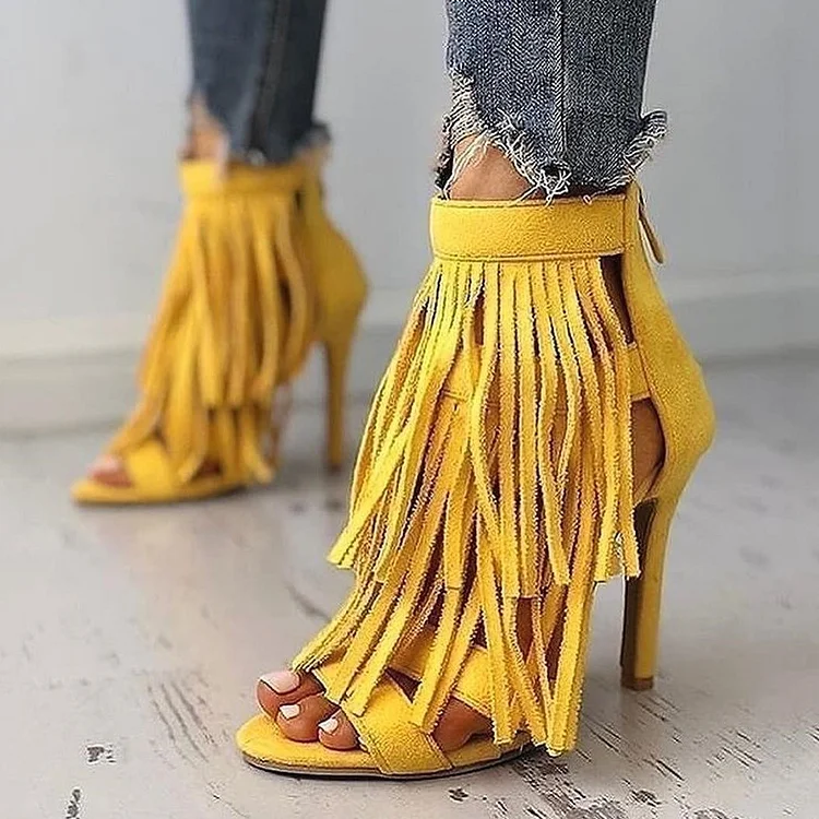 Yellow Vegan Suede Fringe Sandals Stiletto Heel Sandals |FSJ Shoes