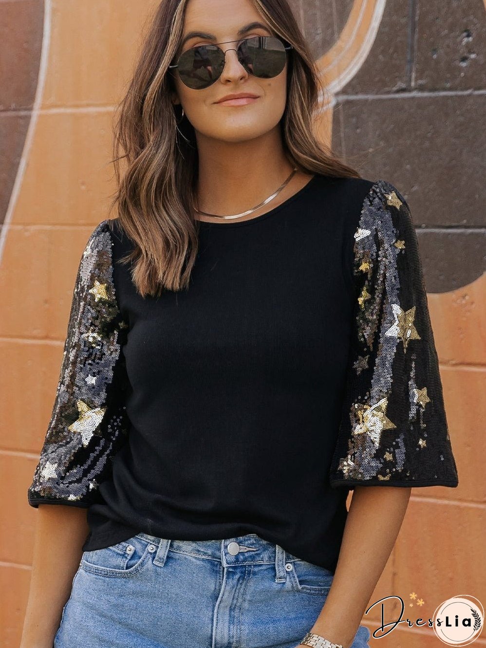 Black Star Sequin Embellished Half Sleeve Knit Top