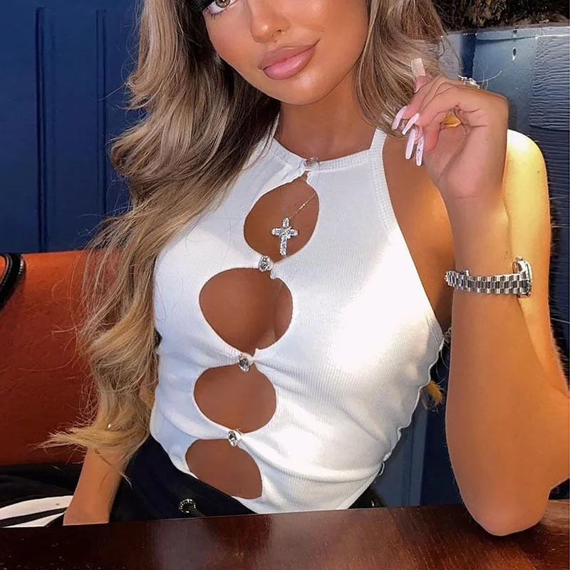 wsevypo Sexy Cut Out Bodysuit Women Backless Sleeveless Leotard Tops Fashion Crystal Button Halter Bandage Skinny Bodysuit