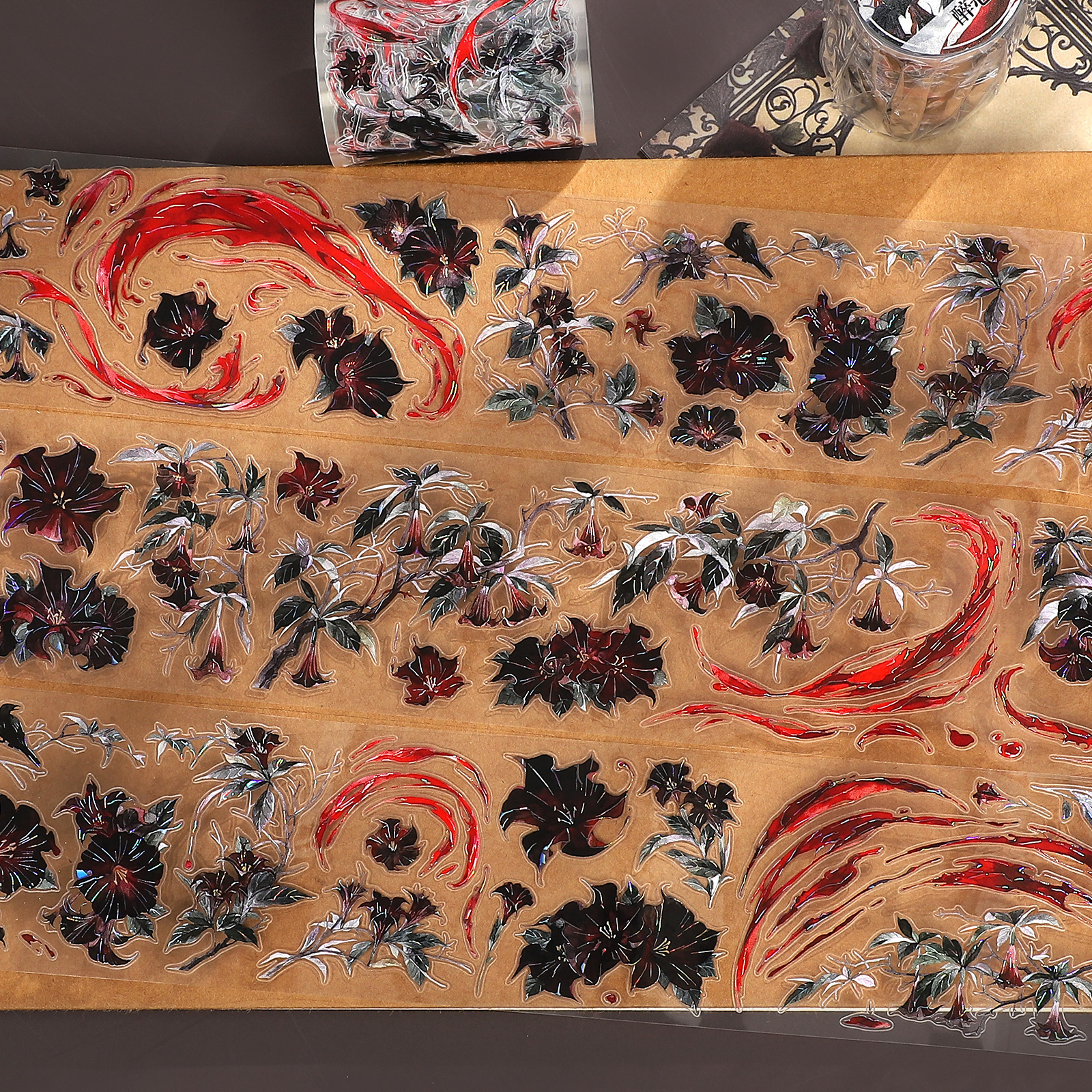 PET 테이프 - 빈티지 다크 블러드 플라워