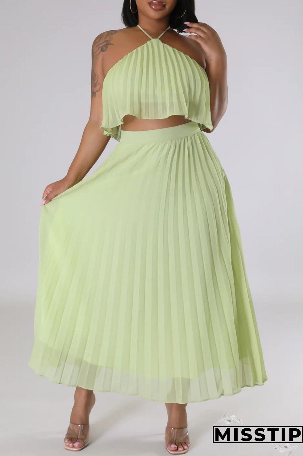 Mint green Casual Solid Bandage Backless Pleated Halter Sleeveless Two Pieces