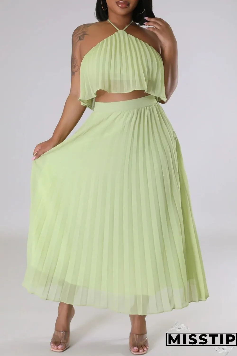 Mint green Casual Solid Bandage Backless Pleated Halter Sleeveless Two Pieces