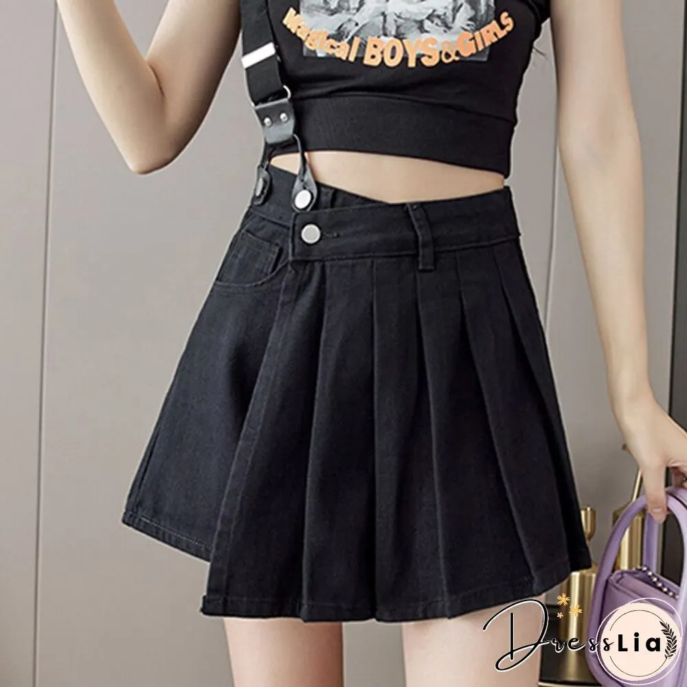 Summer Korean Fashion Design Shoulder Strap Pleated Skirt Women High Waist A Line Mini Skirts All Match Casual Skirts New
