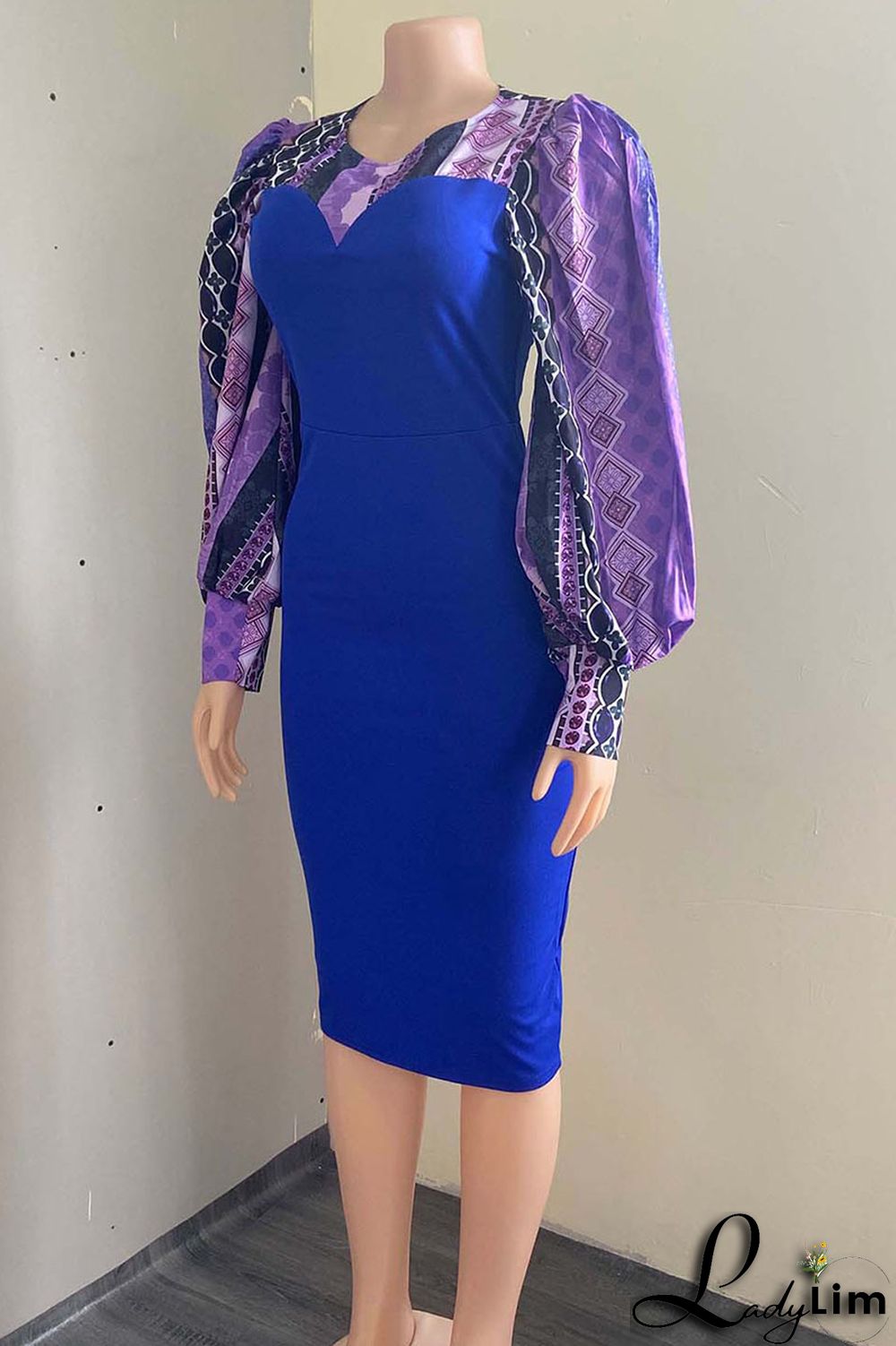 Blue Sexy Print Split Joint O Neck One Step Skirt Dresses