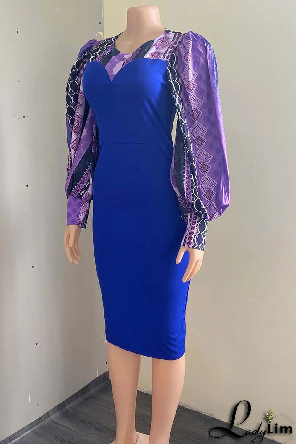 Blue Sexy Print Split Joint O Neck One Step Skirt Dresses