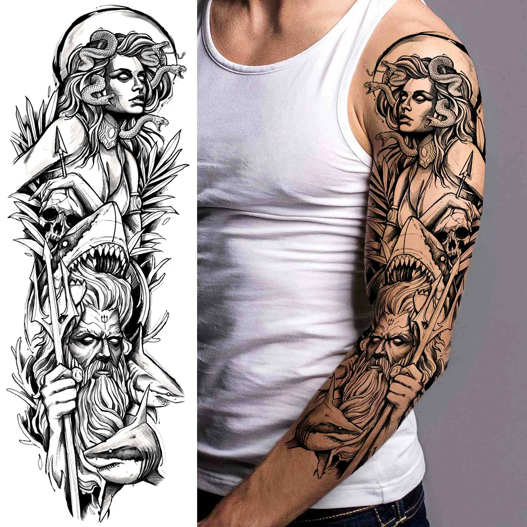 Flower Temporary Tattoo For Women Men Adult Full Arm Demon Wings Tattoos Sticker Sleeve Fake Black Skull God Tatoos Shoulder 1103-1