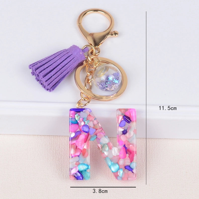 Fashion Style 26 English Letters Keychain Crystal Epoxy Color Stone Letter Tassel Pendant Bag