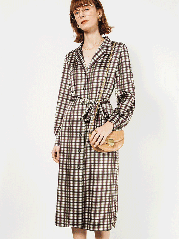 Plaid V-neck Silk Dress