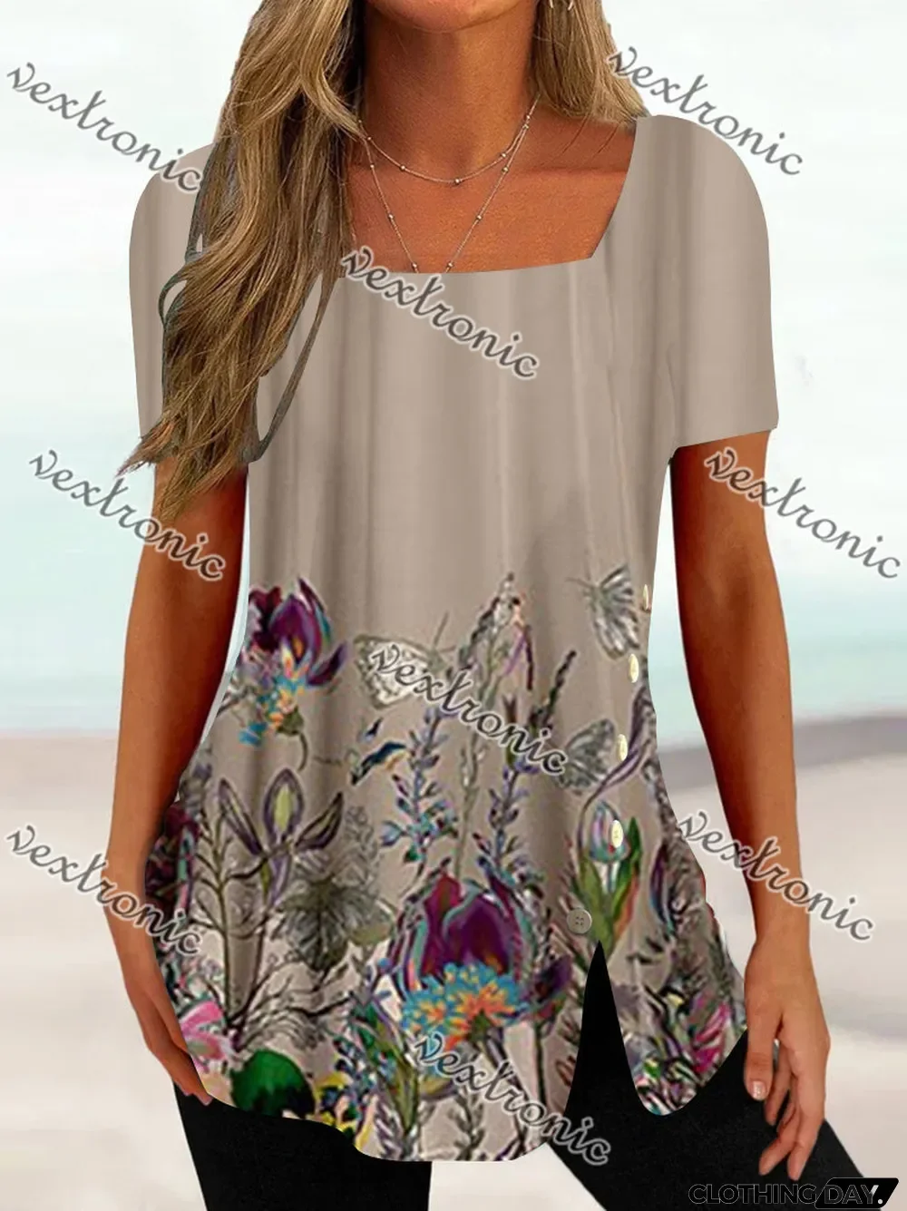 Women's Short Sleeve U-neck Floral Printed Graphic Button Top