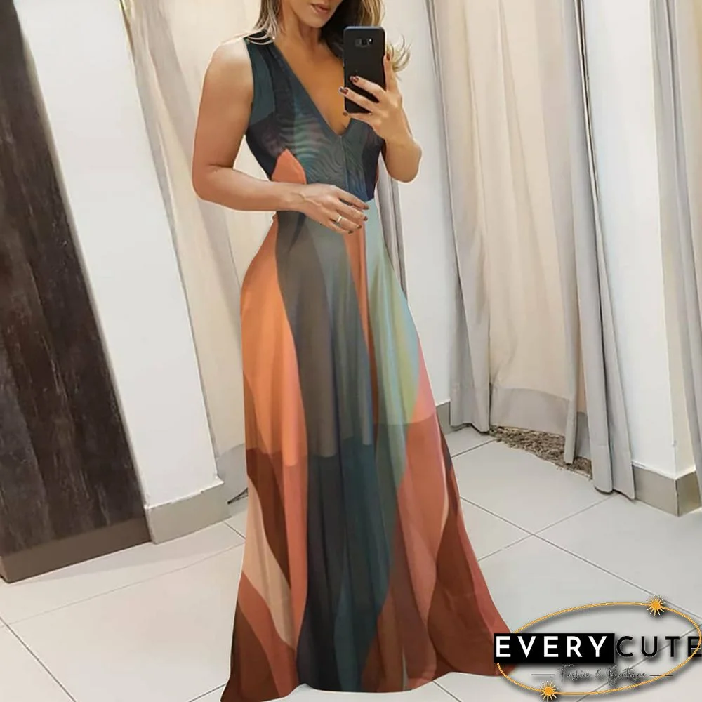 New V-neck Striped Color Matching Thin Shoulder Strap Long Dress Summer Dress Elegant Dress Women