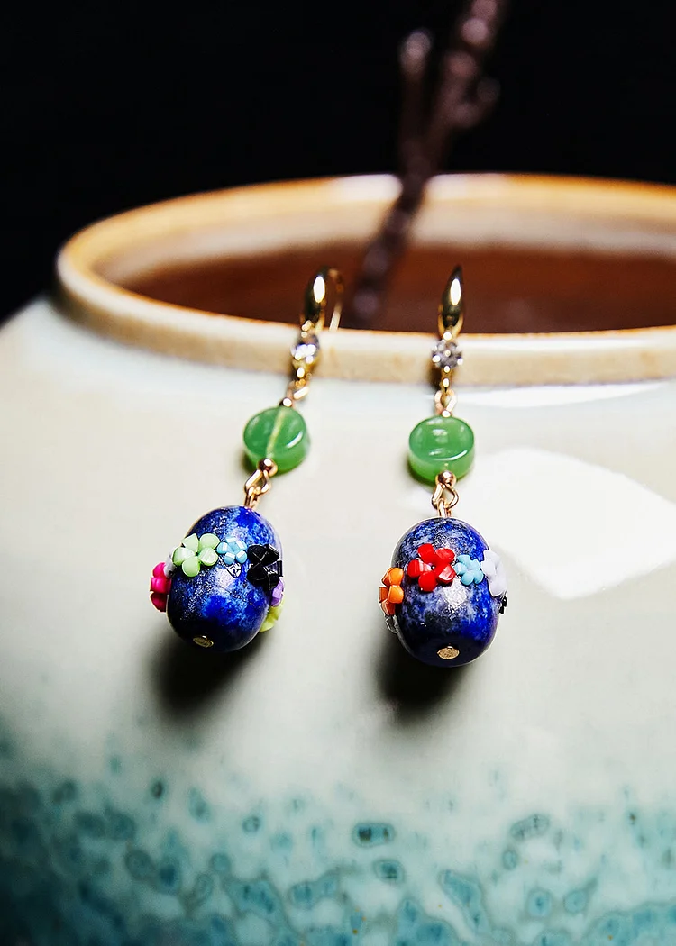 Handmade Multicolour Flower Bluestone Jade Drop Earrings