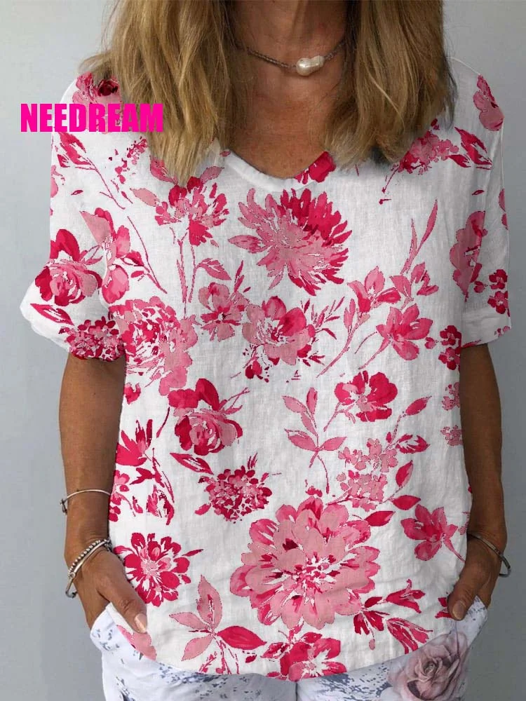 Womens Floral Pattern Pattern Print Cotton And Linen Top