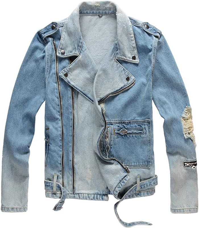 men's Holes Ripped Blue Jean Biker Jacket Motorcycle Streetwear Zippers Turn Down Collar Denim Coat