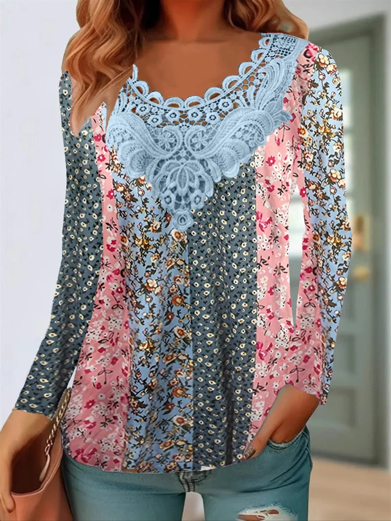 Women Long Sleeve Scoop Neck Floral Printed Graphic Lace Tops