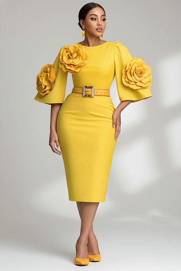 Xpluswear Design Plus Size Business Casual Yellow Round Neck Flare Half Sleeve Bodycon 3D Midi Dresses (No Belt) 2024 - Xpluswear