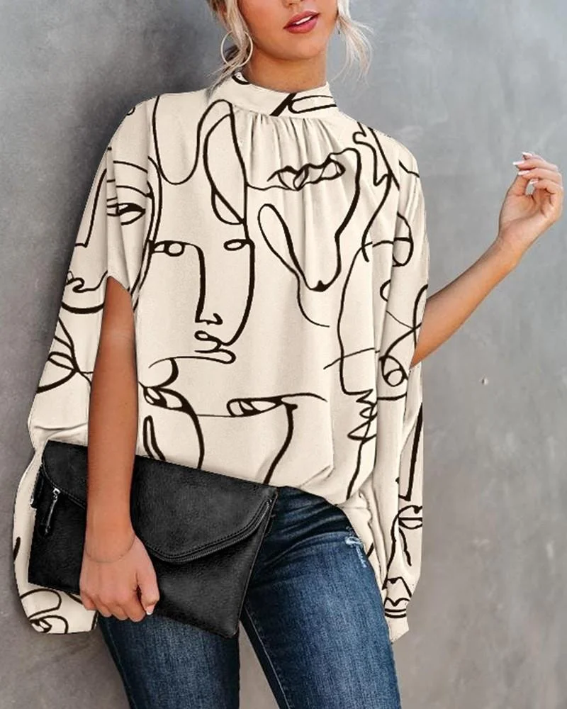 Fashion Round Neck Loose Doll Sleeve Print Shirt Top