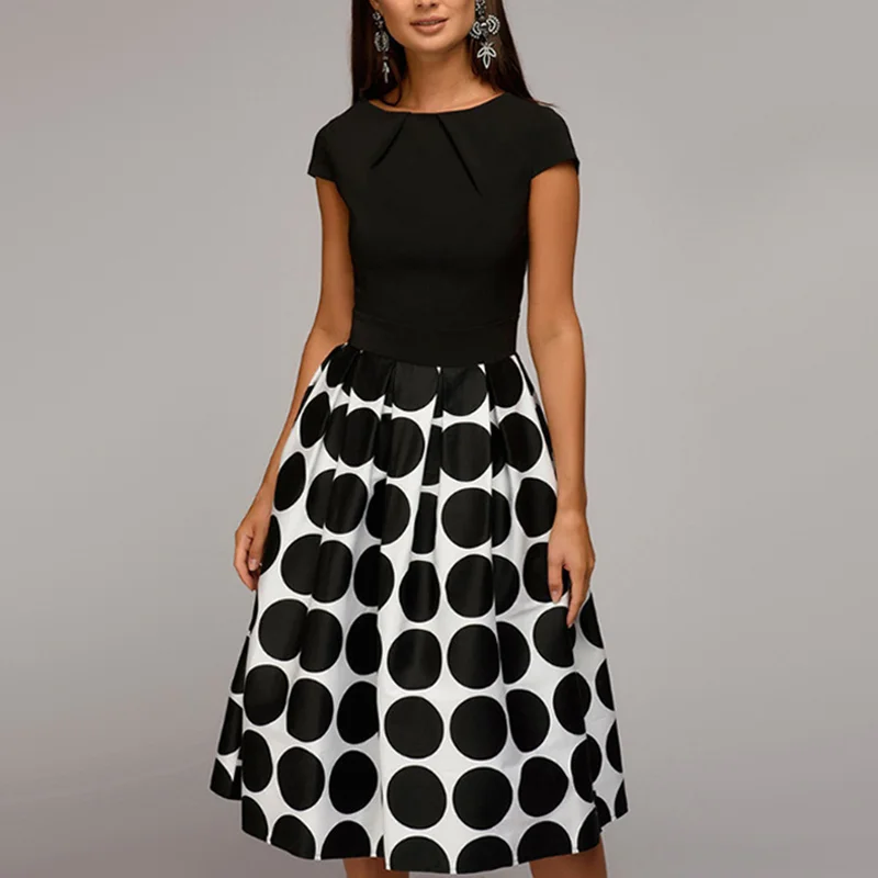 Elegant Polka Dot Stitching Midi Dress