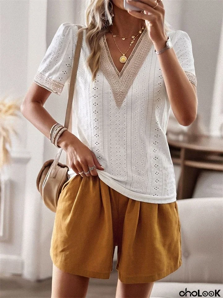 Classy Office Wear Female Lace Hollow Out V-neck Shirts