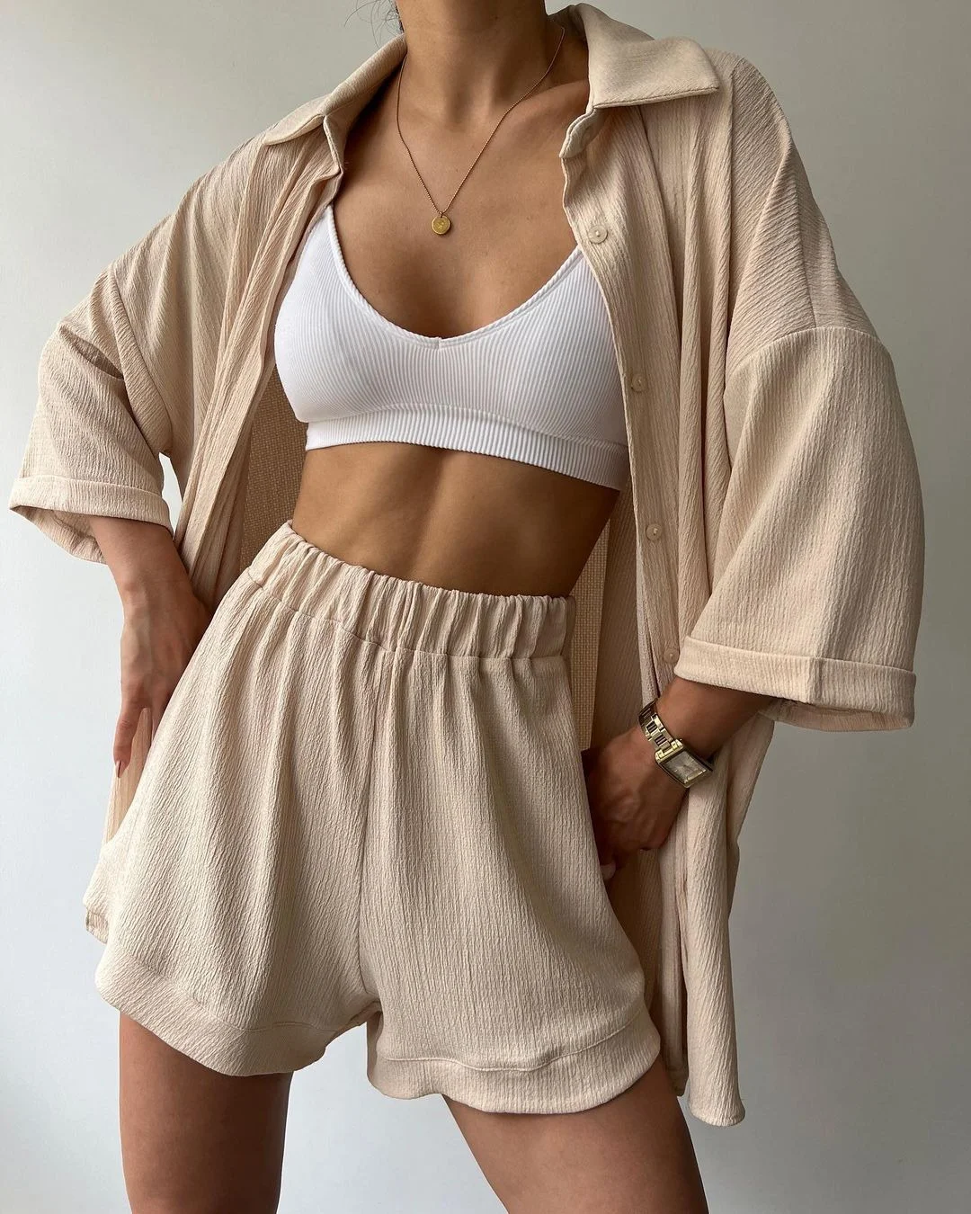 Nigikala Nigikala New Personalized Open Fork Mid-Sleeve Shirt Shorts Set