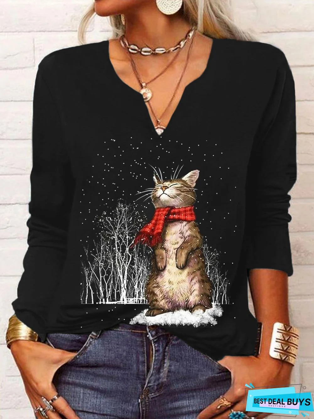 Christmas Cat Long Sleeve V Neck Printed T-shirt