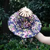 2 in 1 Bamboo Foldable Hand Fan Sun Hat Floral Printed Chinese Style Handheld Foldable Wide Brim Hat for Women Outdoor Beach Travel Accessory