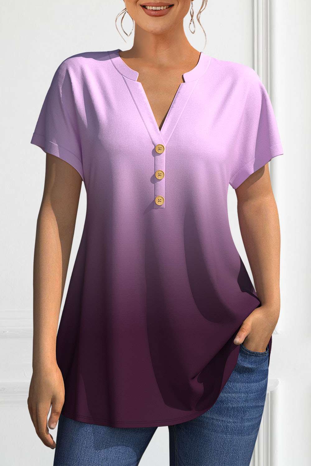 Flycurvy Plus Size Casual Purple Gradient Button Split Neck Blouse 2024 - Flycurvy 