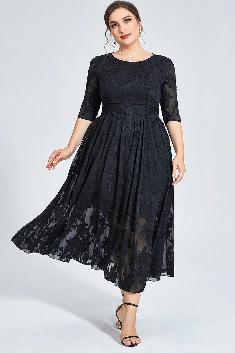 Flycurvy Plus Size Casual Black Mesh Flocking Jacquard Belt Double Hem Midi Dress  Flycurvy [product_label]