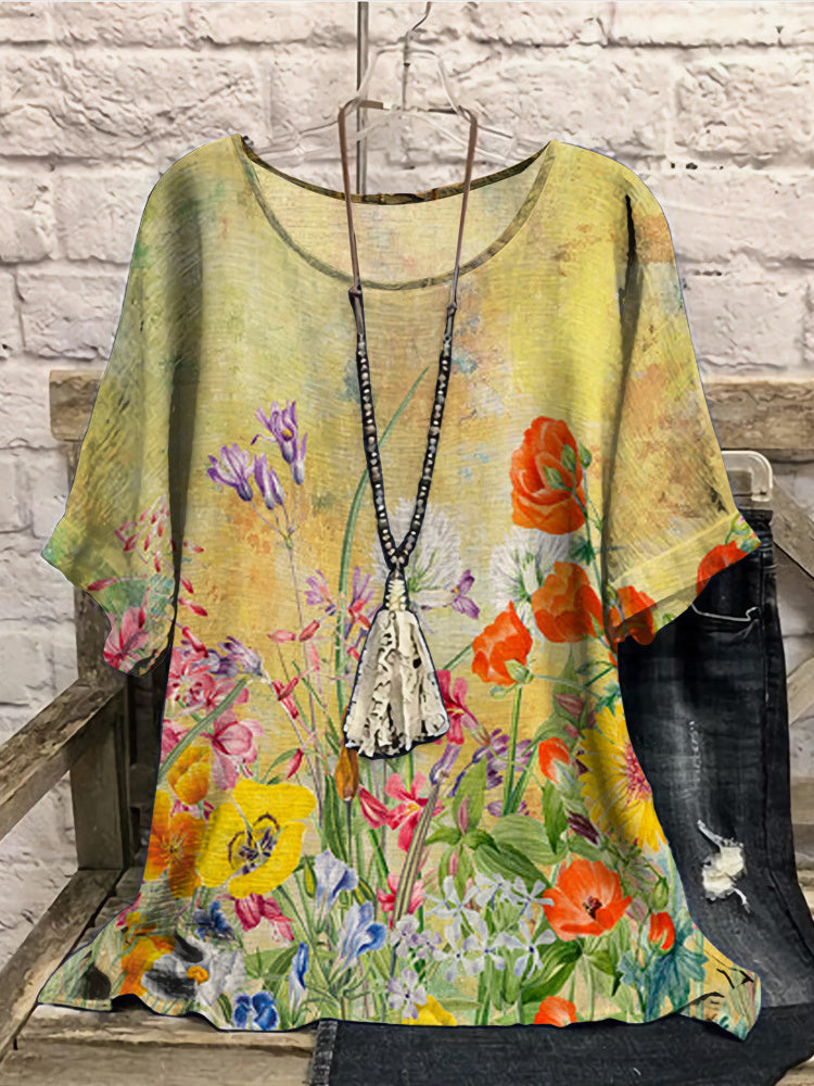 Women Long Sleeve V-neck Graphic Floral Printed Top