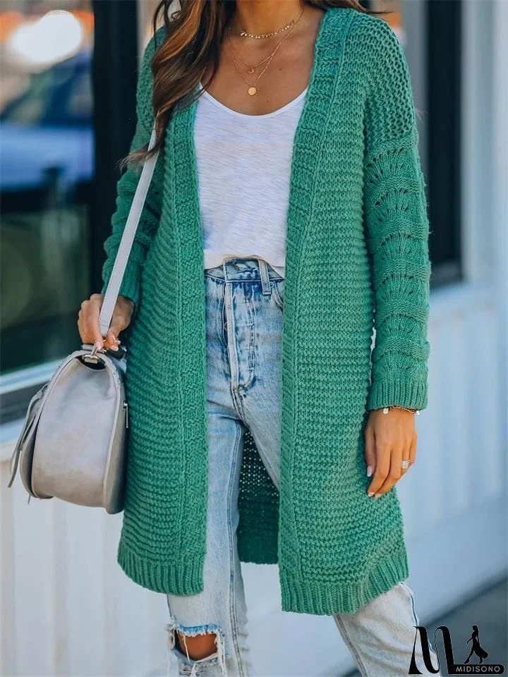 Women's Solid Color Knee-Length Knitted Cardigan