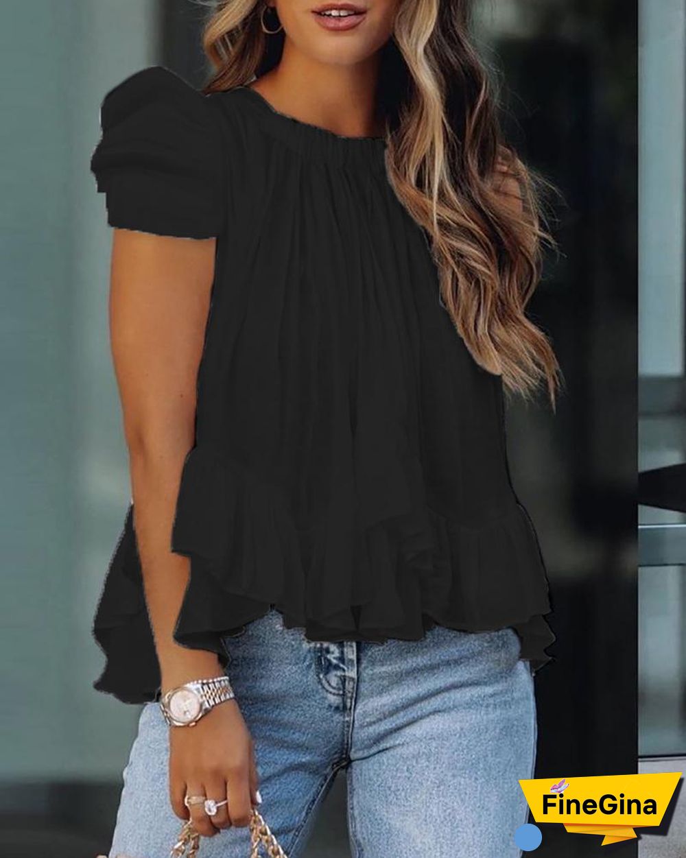 Puff Sleeve Ruffle Hem Ruched Top P14303