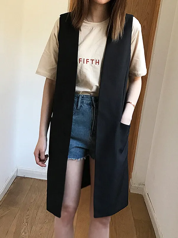 Solid Early Back Slit Ribbon Casual Vest main image 1